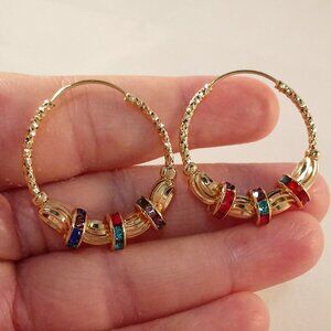 18K Yellow Gold Filled Bohemian Carved Crystal Beads Circle Hoop Dangle Earrings